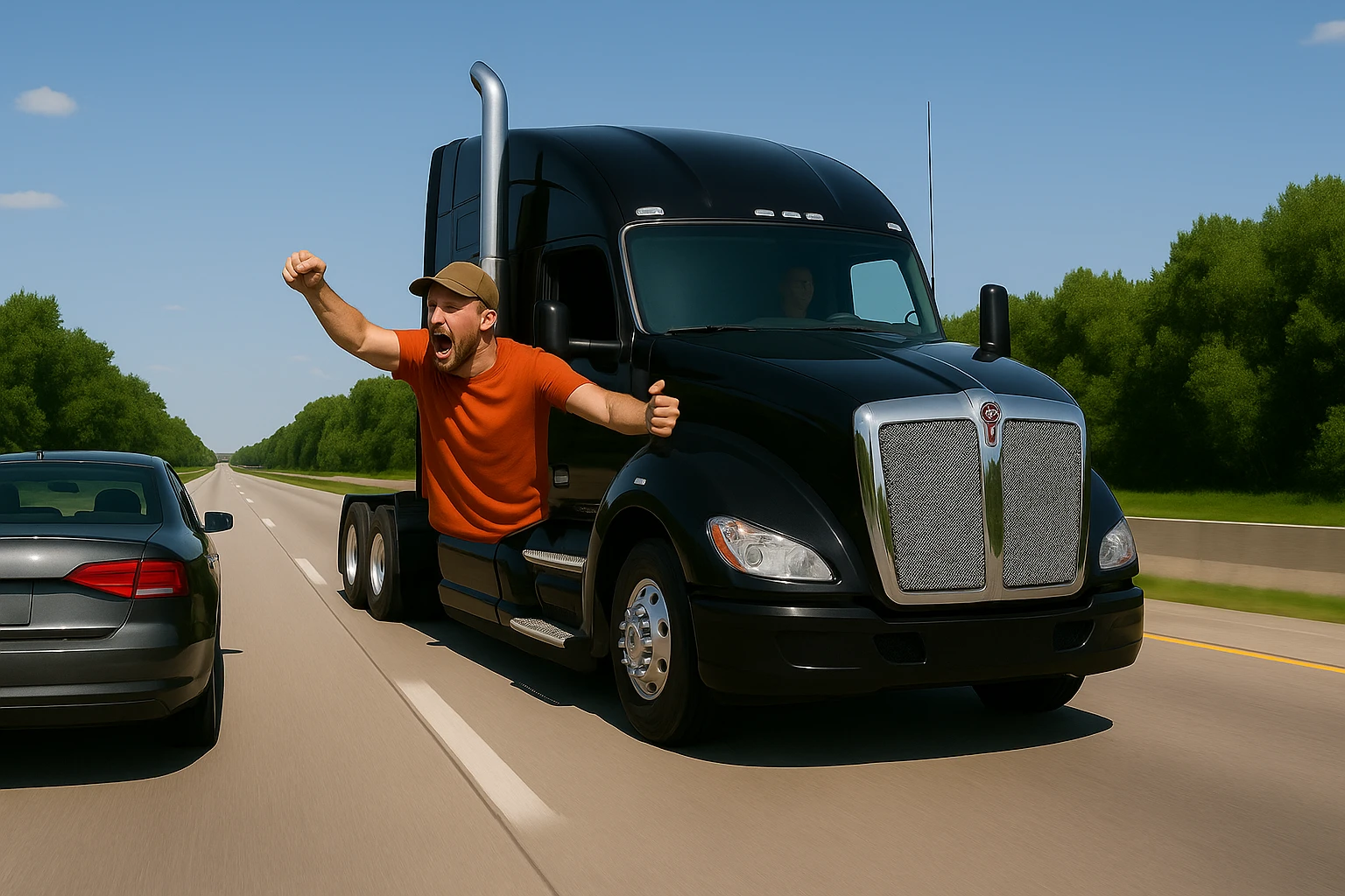 Zoom the scene out even farther, showing more of the road and landscape, with the black Kenworth W680 semi truck featuring a chrome stack, an angry bald driver wearing an orange shirt and baseball cap with his arm out the window, following a car. The scene should remain bright and vibrant. emoji