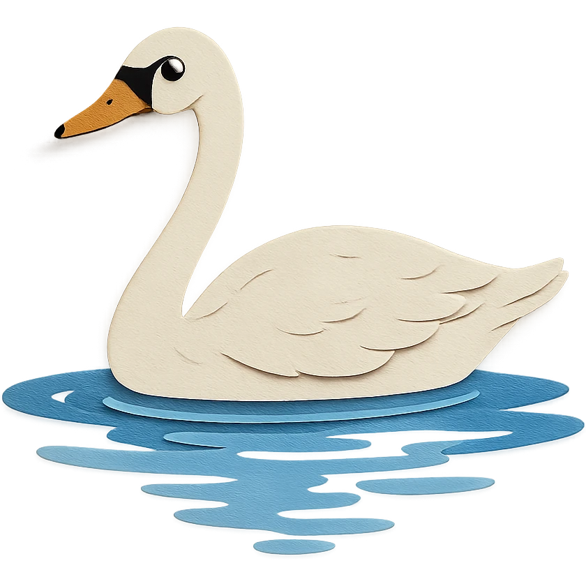 tundra swan gliding on a pond, paper craft style, pronounced paper layers, expressive eye, naturalistic pose, water reflections emoji