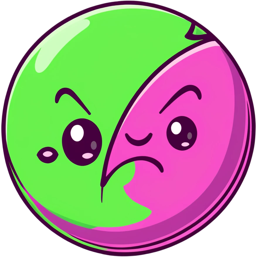 magenta pink planet with swirls and an angry scowling face emoji
