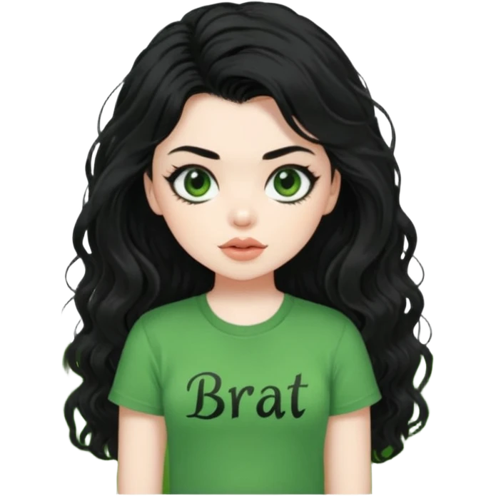 current charli xcx with here long black wavy hair, thich black sungrasses, pale skin, and a green baby tee that said brat in the brat font. emoji