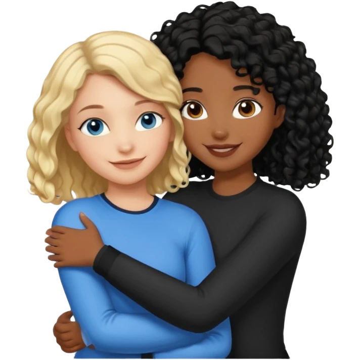 Girl best friends, one white with blond bob and blue eyes, one shorter black girl with long black curly hair, hugging emoji