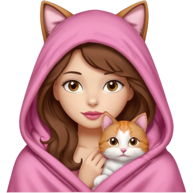 girl with long wavy brown hair, brown eyes, long lashes makeup, sexy pink lips, light to medium complexion, wearing a pink sexy silk top, big blanket over the head cozy holding a cat, no cat ears on the hood emoji