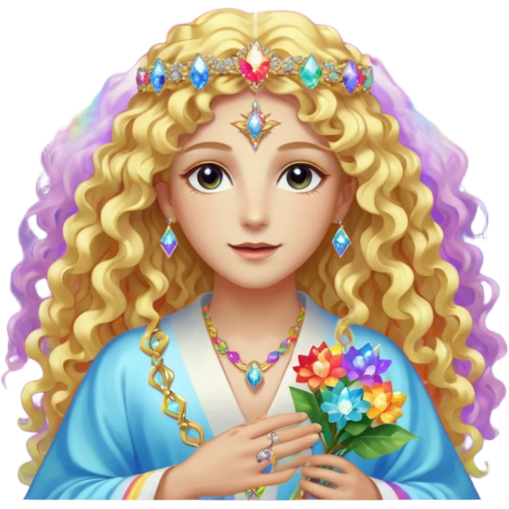 a being made of light pleidian nordic long faces and curly blond hair but beautiful features of light wearing jewels and a rainbow halo like a saint arount herwith a robe on made of light and diamonds semi transparent belly dancer and who is lanky holding a bouquet of crystal flowers on rainbow fire emoji