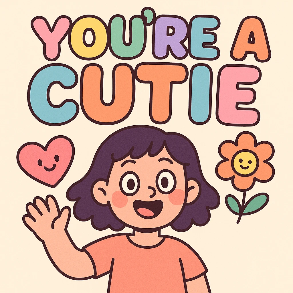 the phrase "you're a cutie" in pastel rainbow gradient, super bold and bubbly font, gentle and joyful look emoji