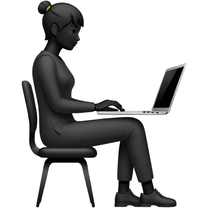 Minimalistic flat vector icon, iOS style, thin black contour on white background. Person silhouette sitting with a laptop, code brackets <> on the screen. Clean, no te emoji