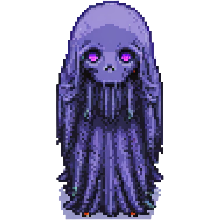 an unknown black tall ghost with hair covering its shiny purple eyes, pixel art style emoji