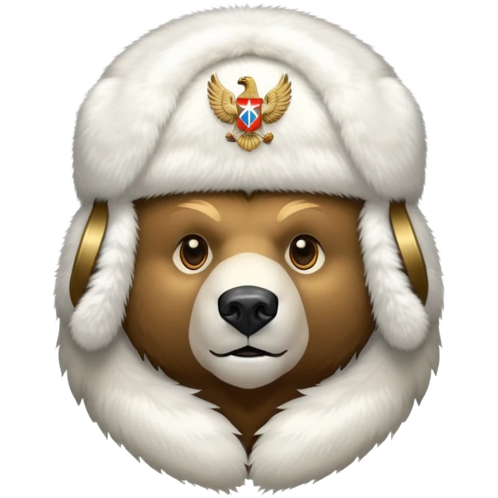 Bear head only in white fur ushanka hat with accurate Russian Federation eagle emblem clearly visible in center, iOS emoji style emoji