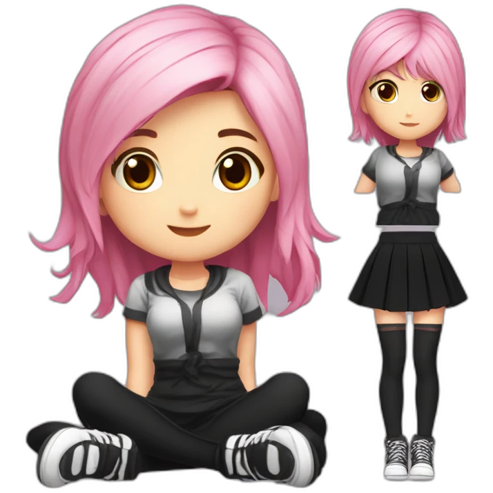 Full body Front view curvy emo girl pink hair sits on the floor straight view hands up black skirt белые трусики рваные полосатые чулки emoji