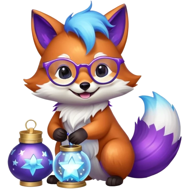 A small magical fox with shimmering purple and blue fur, a glowing fluffy tail, a silver star on its forehead, and round glasses, holding a tiny magical lantern, rolling on the floor and laughing uncontrollably. 🦊🤣 emoji