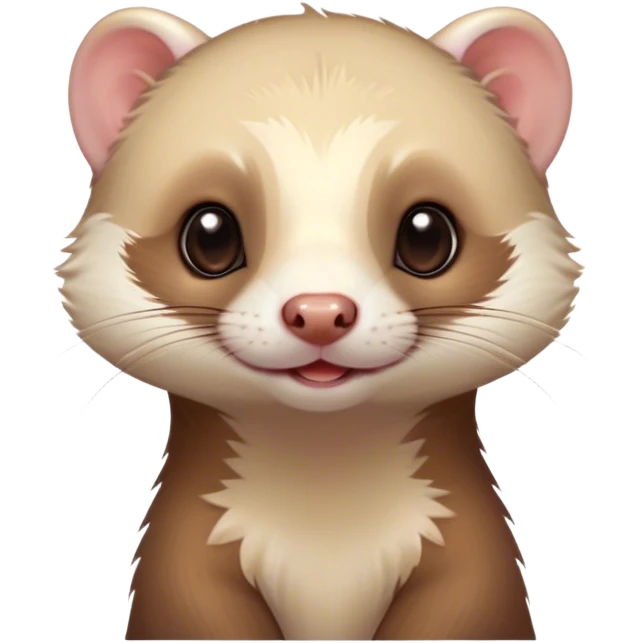 Cinematic Cute Ferret Portrait Emoji, Head tilted playfully, with an elongated, flexible body and a characteristically curious expression, featuring a short, pointed snout, bright, sparkling eyes, and soft fur in warm brown and cream tones, Simplified yet irresistibly adorable features, highly detailed, glowing with a warm, friendly glow, high shine, affectionate and lively, stylized with a touch of whimsical mischief, soft glowing outline, capturing the essence of a fun-loving and mischievous ferret that feels like it could scamper straight into your heart! emoji