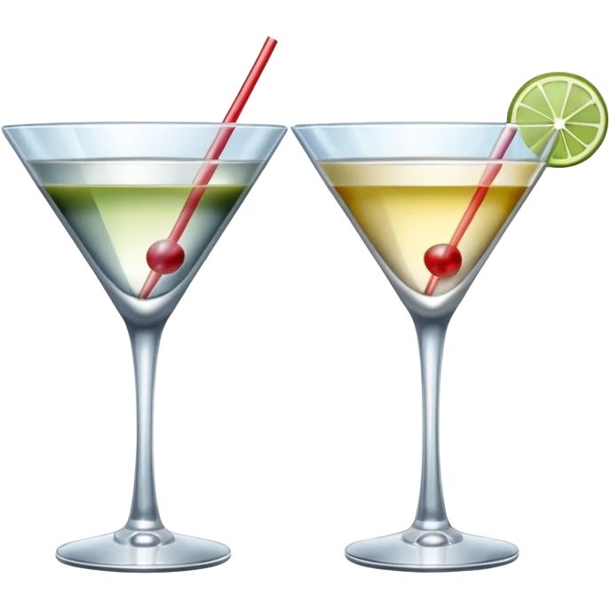 two realistic glasses of cocktail in emoji style, martini glass shape, no straw, no fruit, no ice emoji