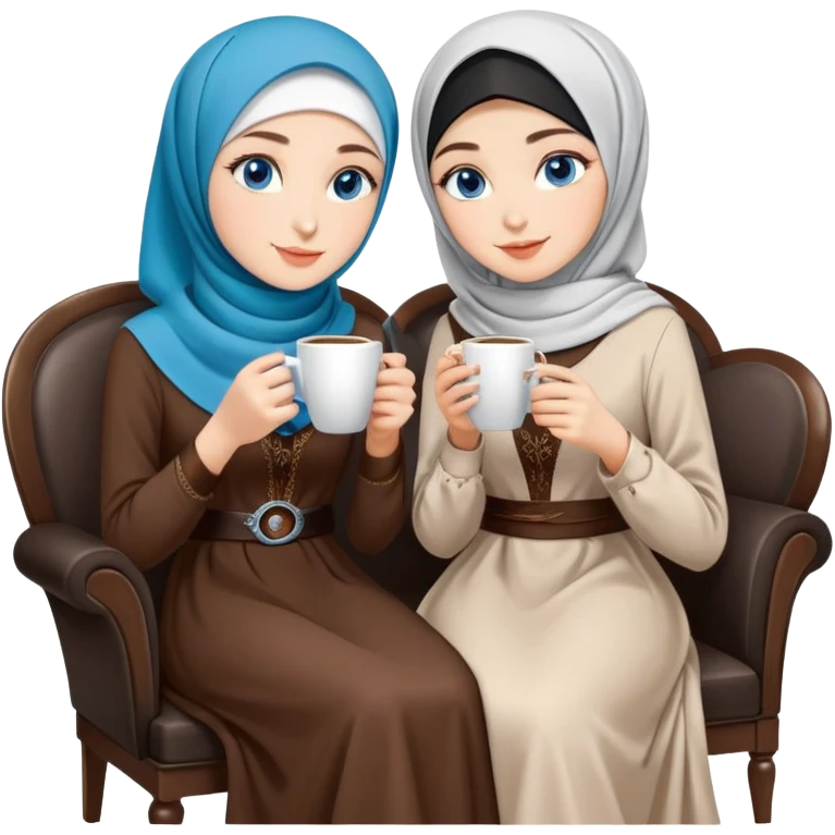Turkish beautiful finish Konya girls blue eyes with Coffee design Beauty hijab long tail dress and the two friends sits on the chair on the ground and holds cup coffe with her hand  emoji