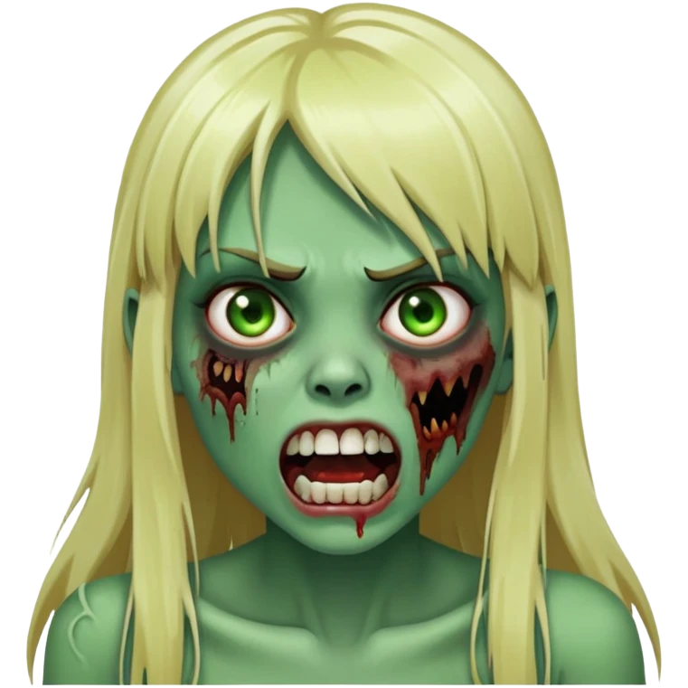Zombie girl with green skin, visible bruises on face, mouth open showing teeth, long blonde hair with straight bangs emoji