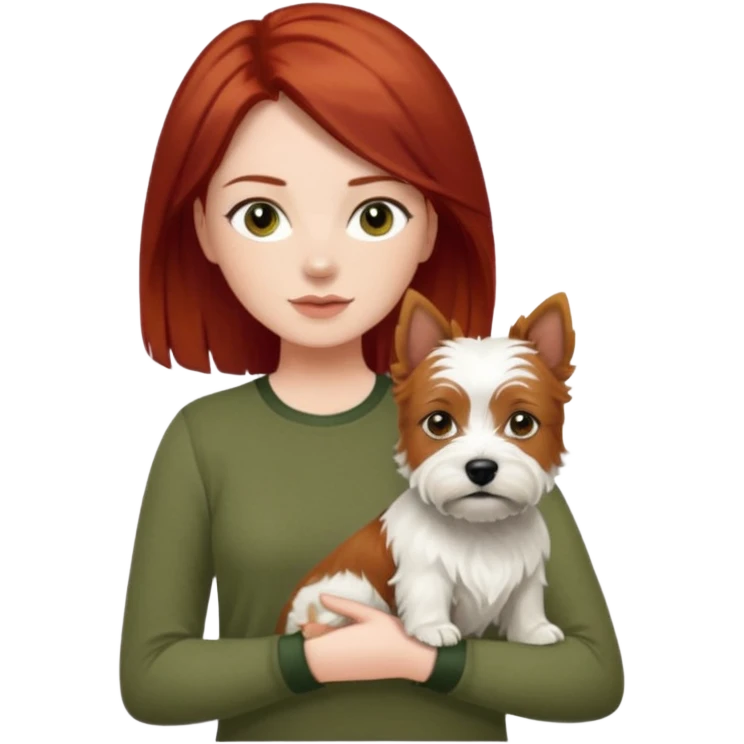 Westhighland white terrier dog being held by woman with dark shoulder length red hair and hazel eye wearing olive green top emoji