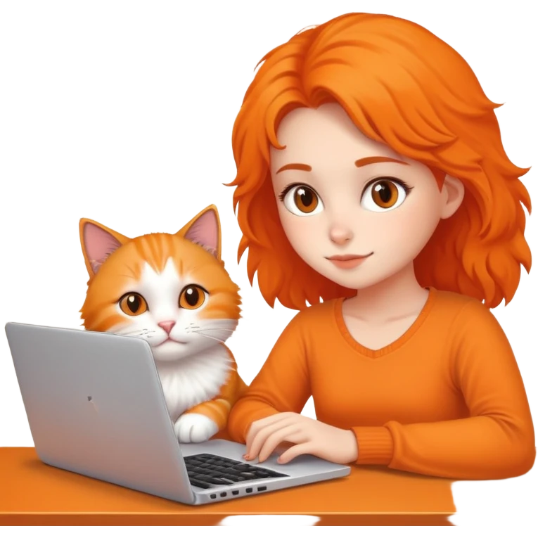 A girl is working on a laptop with a cat lying next to it emoji