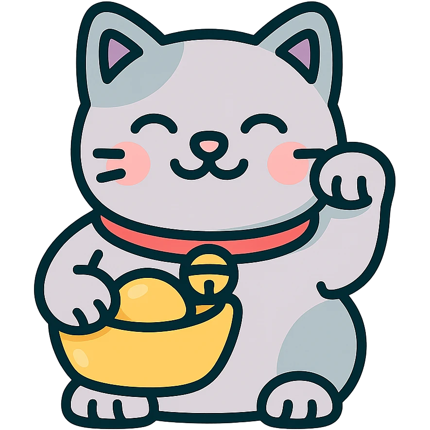 cute chubby maneki-neko cat with raised left paw holding a Chinese gold ingot (yuanbao), thin clean outlines, soft rounded shapes, pastel palette #98B5BC, #B5B3C1, #C9A3C9, #E4C0CA, #F7DCD1, #F7C0AA, modern Japanese pop art and sticker aesthetic, detailed shadows and highlights, soft lighting, transparent background emoji