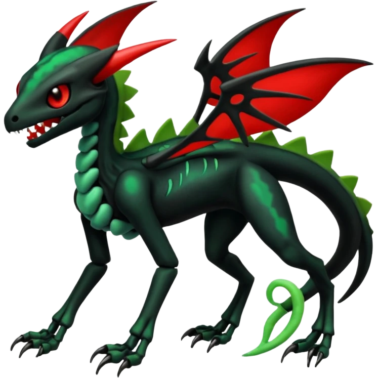 Obsidian-black and neon-glowing-green skeletal Meloetta-Salandit-Nargacuga-Zygarde-Pokémon-Fakémon-creature-fusion-hybrid with glowing crimson-red evil slit eyes emoji