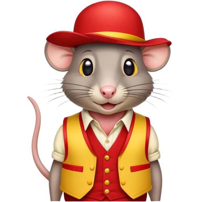 Cartoon rat with red and yellow derby hat with yellow sleeve-less shirt underneath a red vest emoji