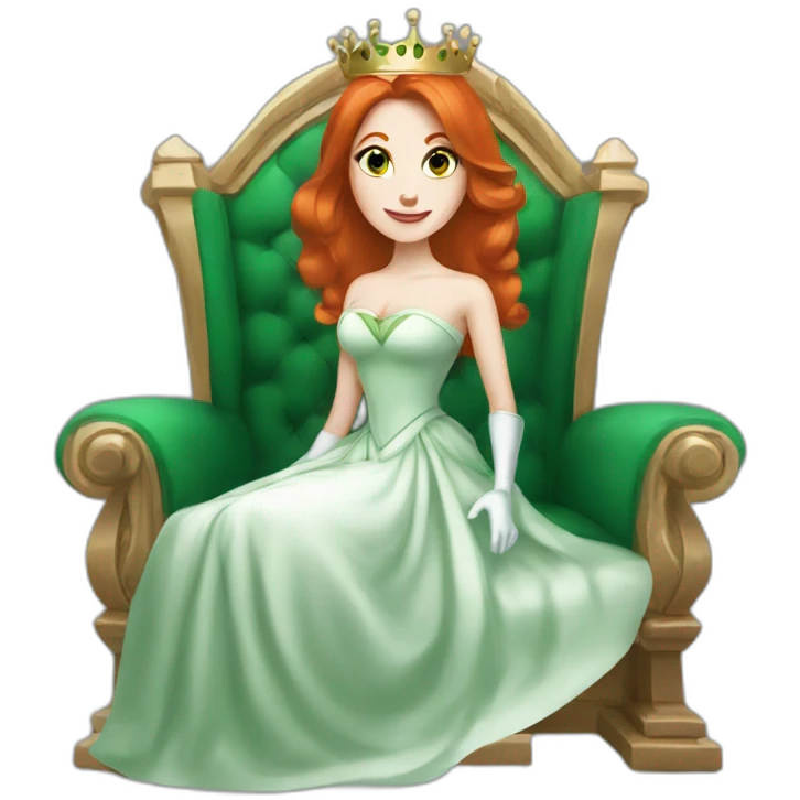 white skin redhead queen with straight hair wearing white gloves on her throne, wearing a green dress emoji