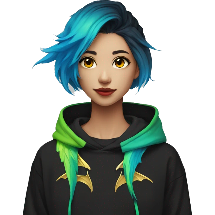 Lady with brunette and iridescent blue hair, gold, lime green dragon wings, black hoodie, bleach dyed, black and gold Nike t shirt, and bright red eyes emoji