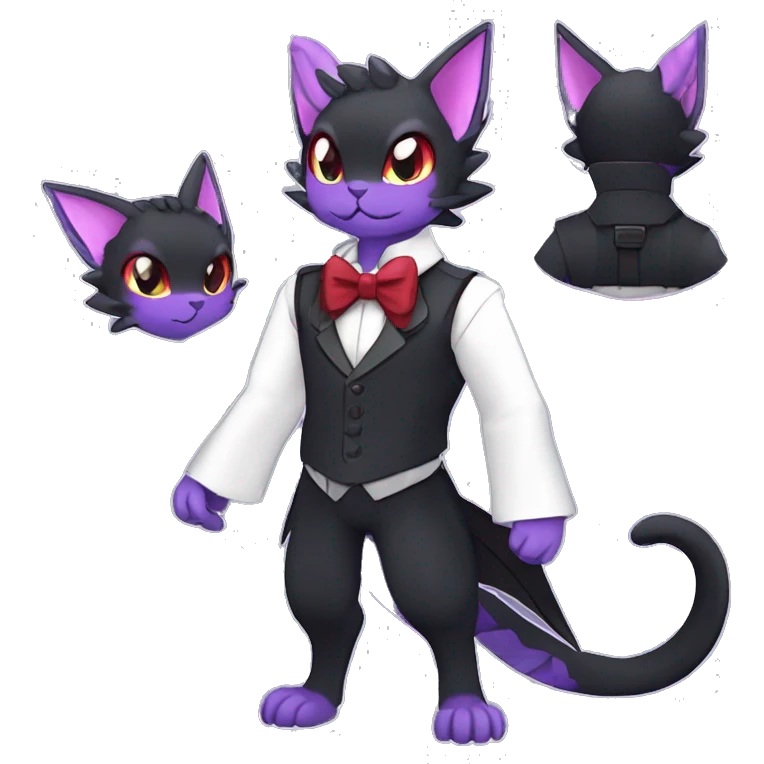  Cool cute edgy cartoon black purple red ethereal fantasy beautiful elegant nargacuga-Noivern-cat-Fakemon collar harness bow tie and bracers full body emoji