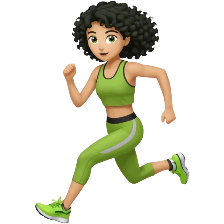 a woman with olive skin tone and curly black hair wearing green and running fast emoji