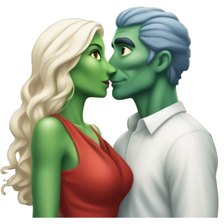 Beatiful tall green skin female reptilian in red dress, kissing white man in blue dress, full figure, full body emoji