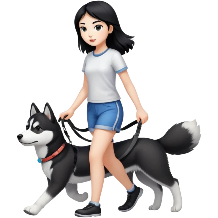 A black-haired girl walks a black and white husky emoji
