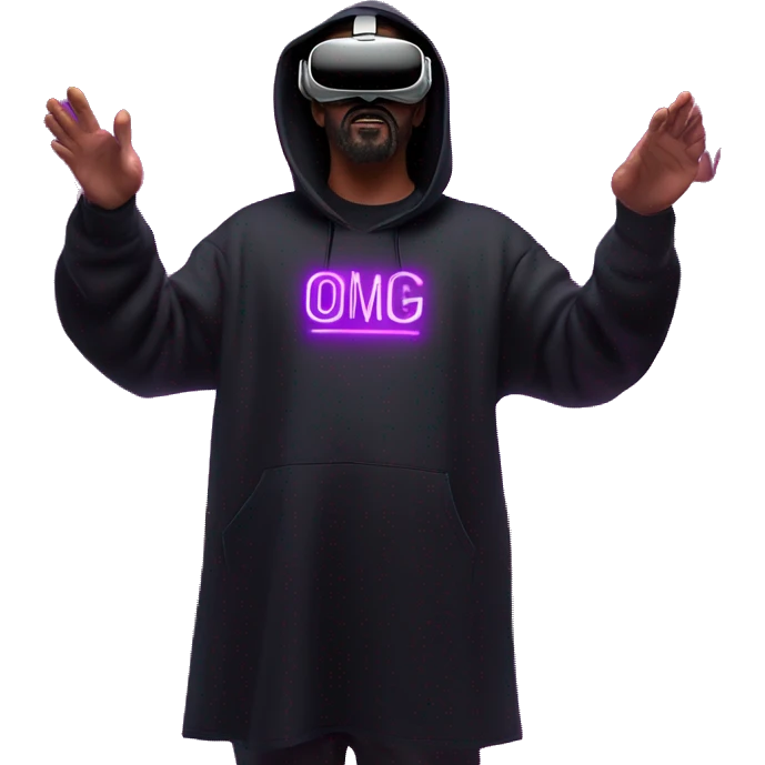 Big Lebowski wearing a black hoodie with "OMG" letters on it and VR headset oculus quest 2 in a cyberpunk VR environment with violet neon lighting. emoji