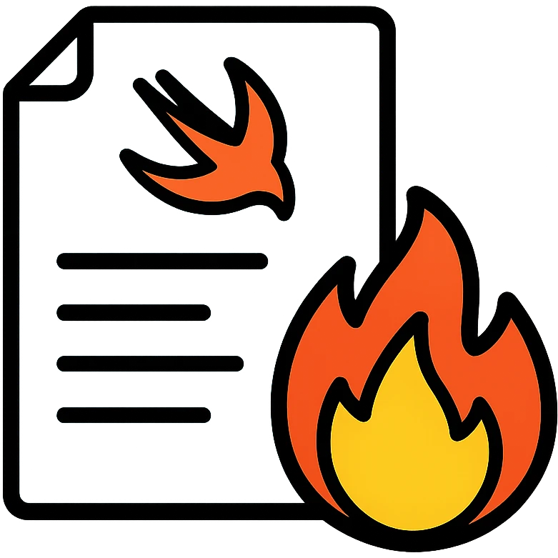swift-format document in front of a burning flame icon with color and black outlines emoji