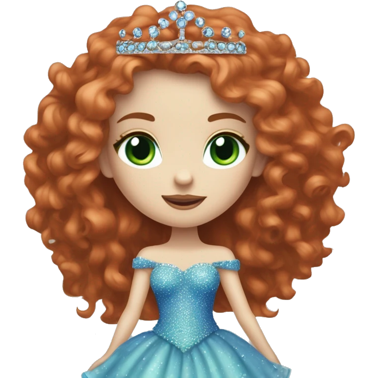  Red long hair curly girl, pale skin, white foundation, purple eyeshadow, with green eyes and a blue bedazzled dress with a small tiara on her head, with mascara on her eyes blue dress pale skin emoji