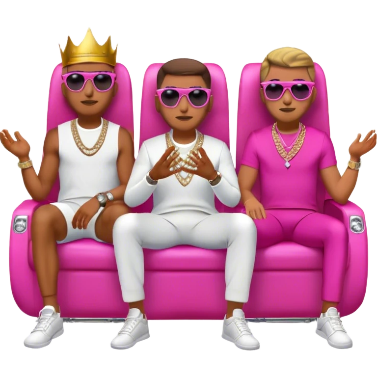 Celebrity millionaire entrepreneur Iman Gadzhi, Daniel G sales, Branden Condy & Alex Hormozi, designer fit, 3 diamond tennis chains, seated on a massive gold throne, sunglasses on, hot pink private jet behind him emoji