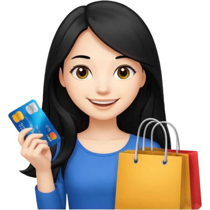 Girl with long black hair holding shopping bags and credit card emoji