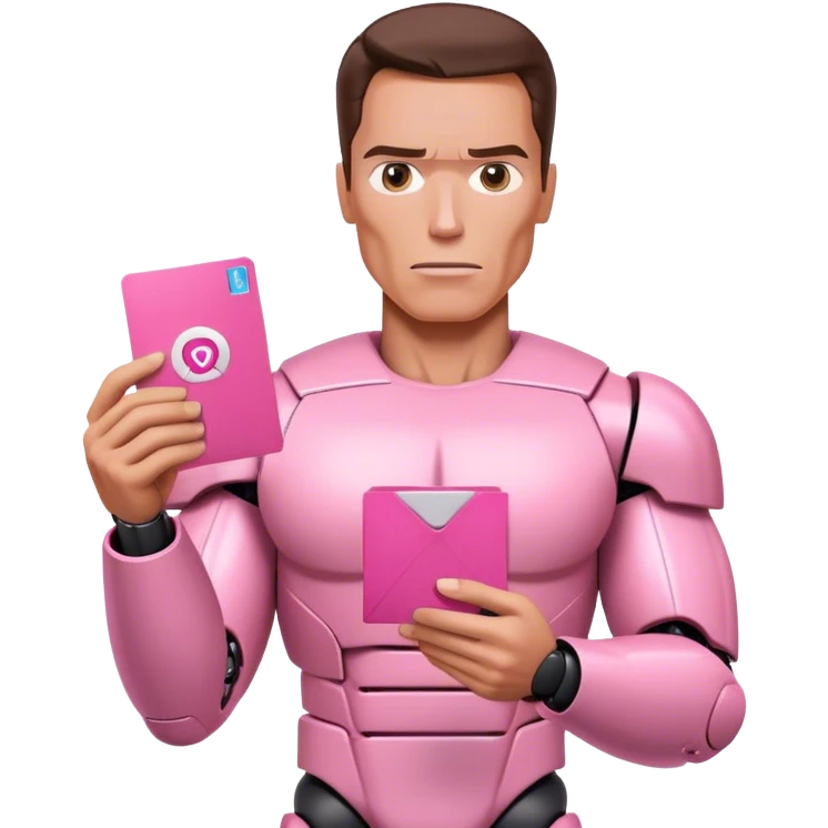 schwarzenegger-looking half robotic half human pink terminator holding pink email envelope emoji