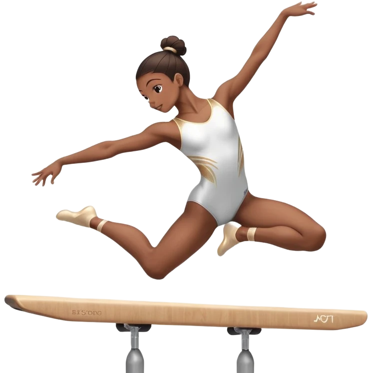 An acrobat performing a dynamic move on the balance beam, rings, or parallel bars, showcasing strength and precision. The acrobat is in mid-action, gracefully balanced, with a focused expression. The background features a professional gymnastics gym with bright lights and a cheering crowd emoji