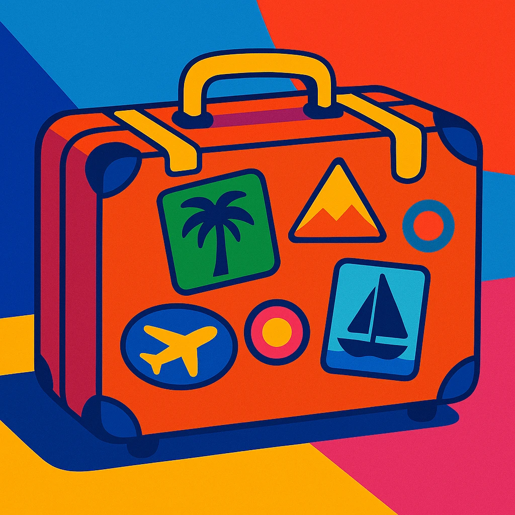 a suitcase with travel stickers in a vibrant style emoji