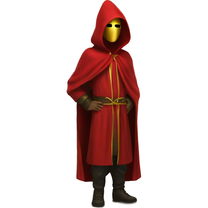Man with red hooded robe and golden mask in forest emoji