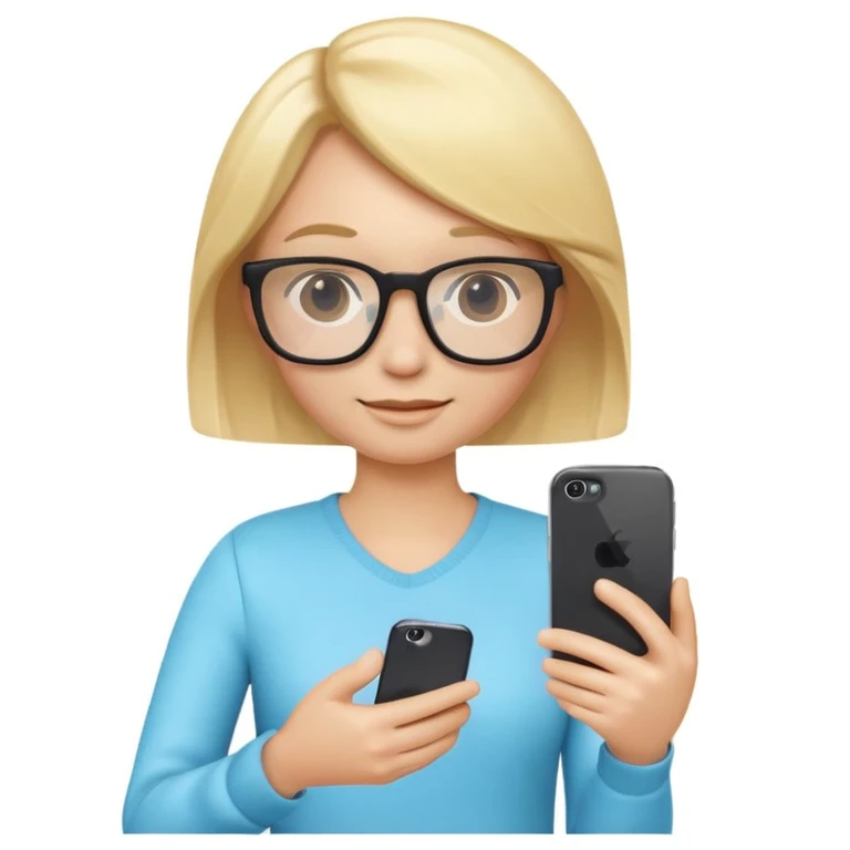 3D emoji character in Apple iPhone style, blond hair, wearing stylish glasses, no tattoo, holding an iPhone in one hand, cute and friendly expression, smooth and shiny skin, minimalistic design, high quality, vibrant colors, realistic lighting, isolated on white background emoji