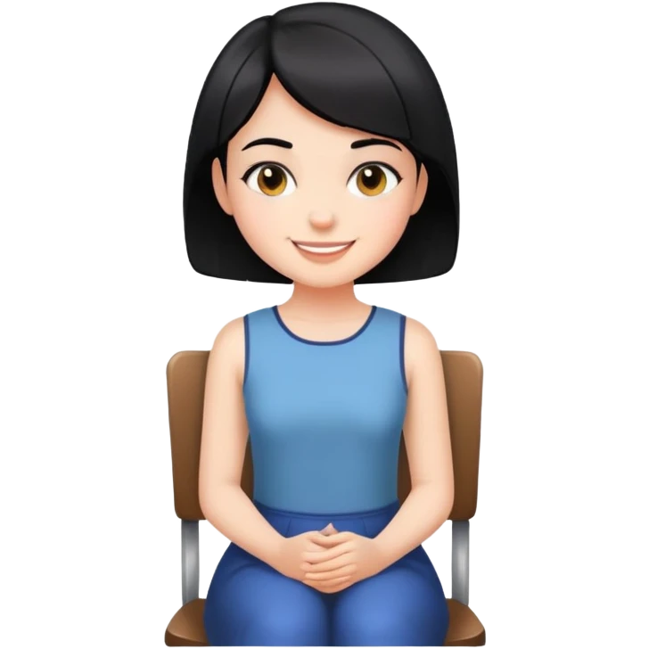 Girl with short black hair smiling sitting on a chair emoji