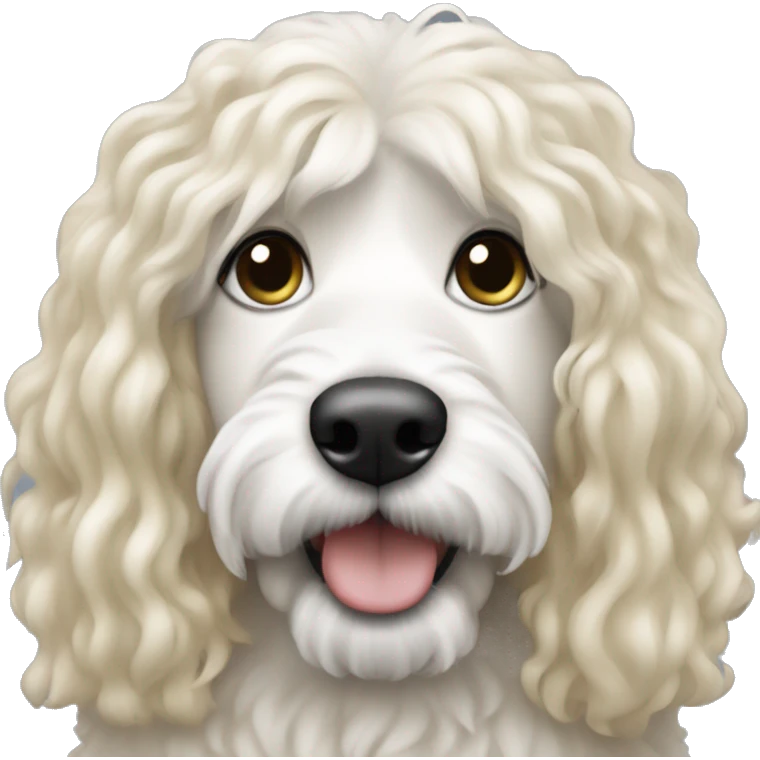 white woman with long blonde hair with a black and white colored bernadoodle dog  emoji