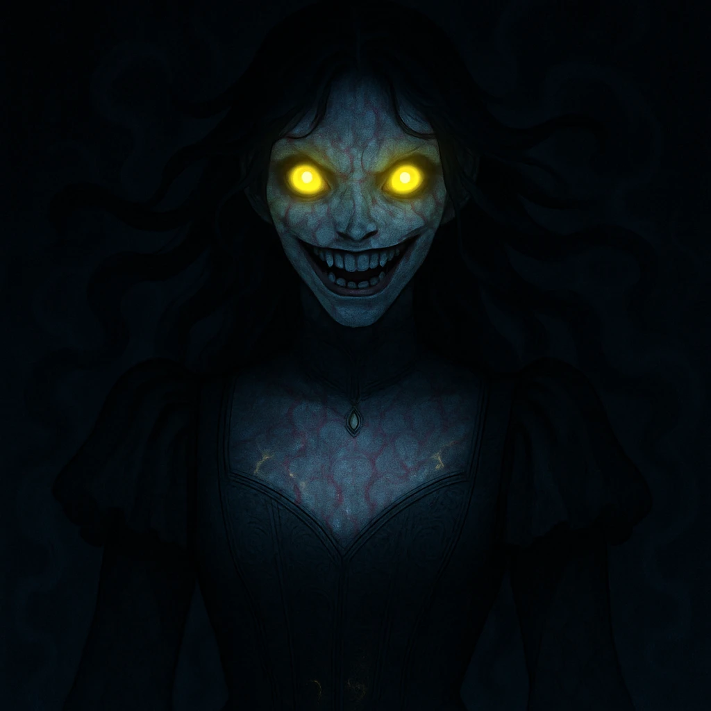 Make the beautiful scary girl even scarier with extreme supernatural horror features, more disturbing and haunting, while keeping her gothic beauty. Enhance the supernatural and horror elements to create a deeply unsettling and haunting atmosphere. emoji