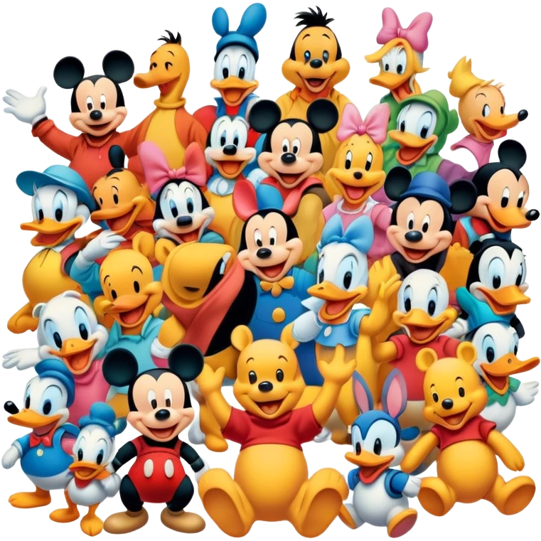 A colorful, playful close-up collage of classic cartoon characters like Goofy, Mickey Mouse, Donald Duck, Winnie-the-Pooh, and others. Bright, vibrant colors with cheerful expressions. Whimsical and nostalgic style. Transparent background. emoji