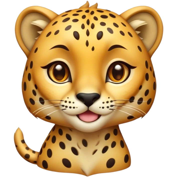 Cinematic Cute Cheetah Portrait Emoji, Head tilted playfully and inquisitively, featuring a glossy, golden spotted Fur with a natural sheen, round, sparkling amber eyes filled with curious mischief, Simplified yet irresistibly adorable features, highly detailed, glowing with a warm, friendly glow, high shine, affectionate and agile, stylized with a touch of savannah whimsy, bright and endearing, soft glowing outline, capturing the essence of a mischievous yet loving cheetah, so playful it feels like it could dash out of the screen and into your arms! emoji