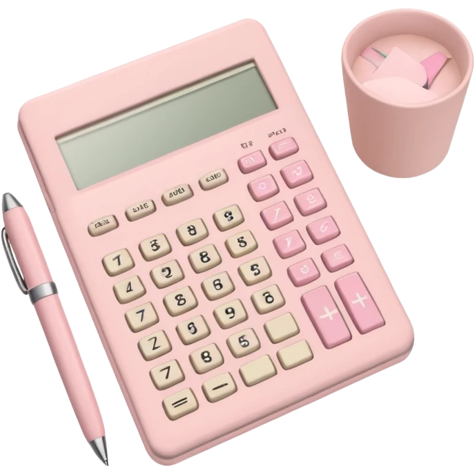 Soft pastel flatlay with pastel pink calculator, beige pen, and study notes  emoji