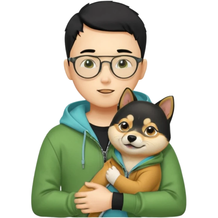 A yellow skin boy, black hair, buzzcut hairstyle, wearing tortoiseshell eyeglasses, green hoodie with zippers, light blue shirt inside, black trousers, black belt, hugging a very cute little black shiba inu emoji