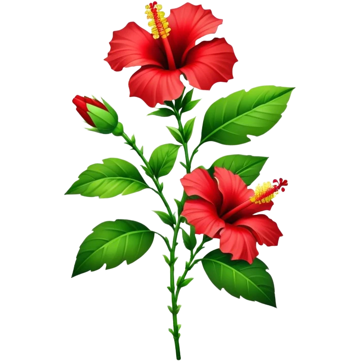 bouquet red Hawaiian hibiscus, luxuriant, stem, leaf, bud emoji