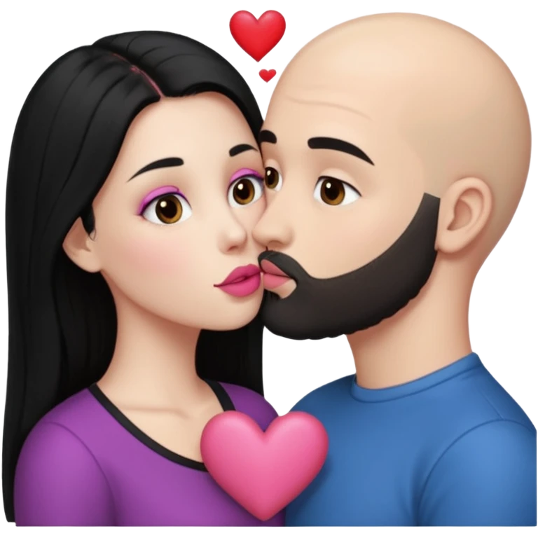 👩🏻‍❤️‍💋‍👨🏻 this one but the man should be bald. white woman with long black hair and white bald young man whoitiut hair and a heart between their heads. she has pink lips and both have brown eyes. he has e full beard but short. emoji