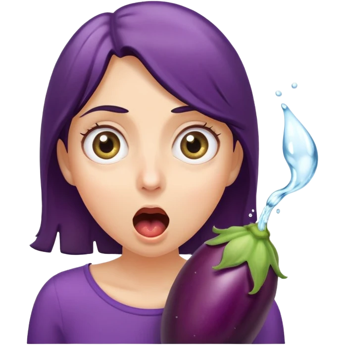 surprised woman with wide eyes, eggplant squirting water as she bites it emoji