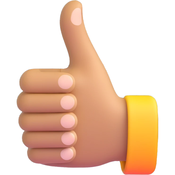 Adjust the hand's skin tone to a natural, light tan color matching the original emoji, avoiding any yellow tint. Keep only the hand giving a thumbs up and the sleeve in 3D emoji style with a transparent background. emoji