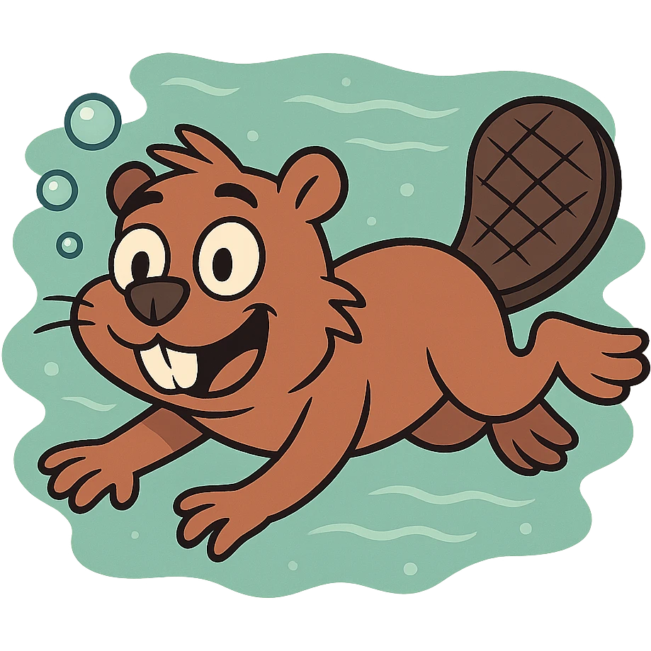 beaver character swimming underwater, happy expression, cartoon style emoji
